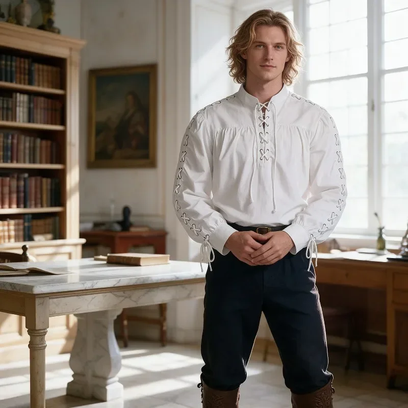 Kemeja Bajak Laut Abad Perteng - Medieval Gothic Lace Up Pirate Shirt ulasan dan harga