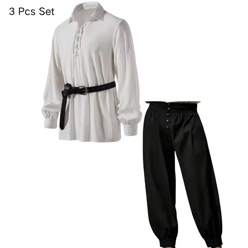 Setelan 3 potong kostum cospla - Medieval Gothic Lace Up Pirate Shirt ulasan dan harga